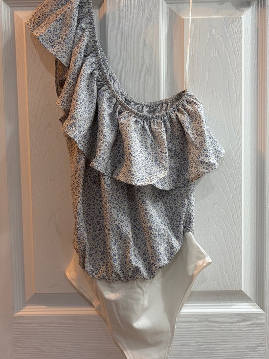 PROMESA Tops - New Promesa One Shoulder Bodysuit in Blue One Piece Ruffle Elastic NWT
